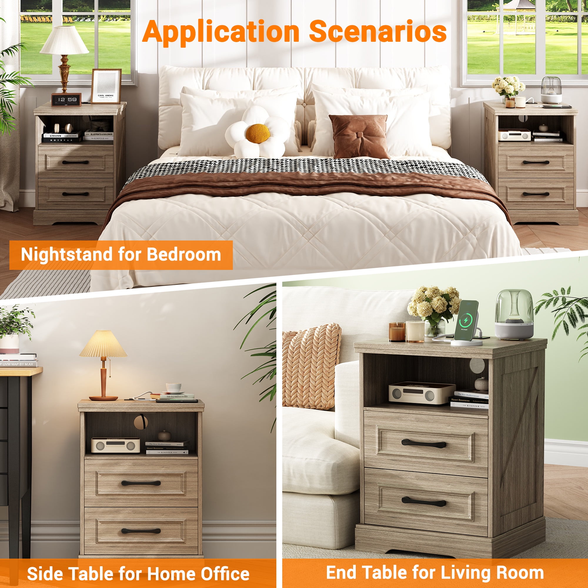 NEGYLIM Nightstand with Drawers for Bedroom, Farmhouse End Table with Charging Station, 2 Drawers Storage for Bedroom, Gray