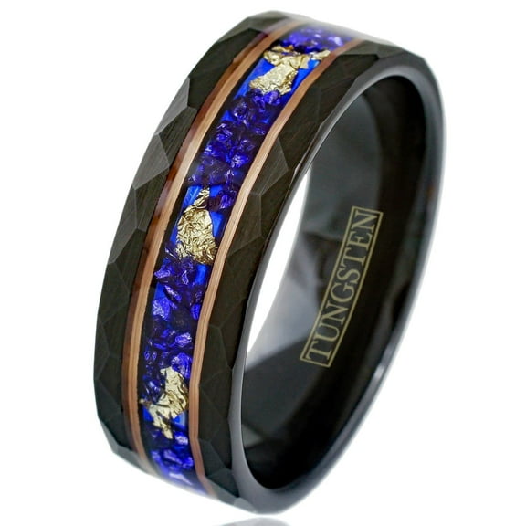 Black Tungsten Carbide Wedding Band Ring for Men & Women – Blue Opal & 24K Gold Leaf Inlay Design