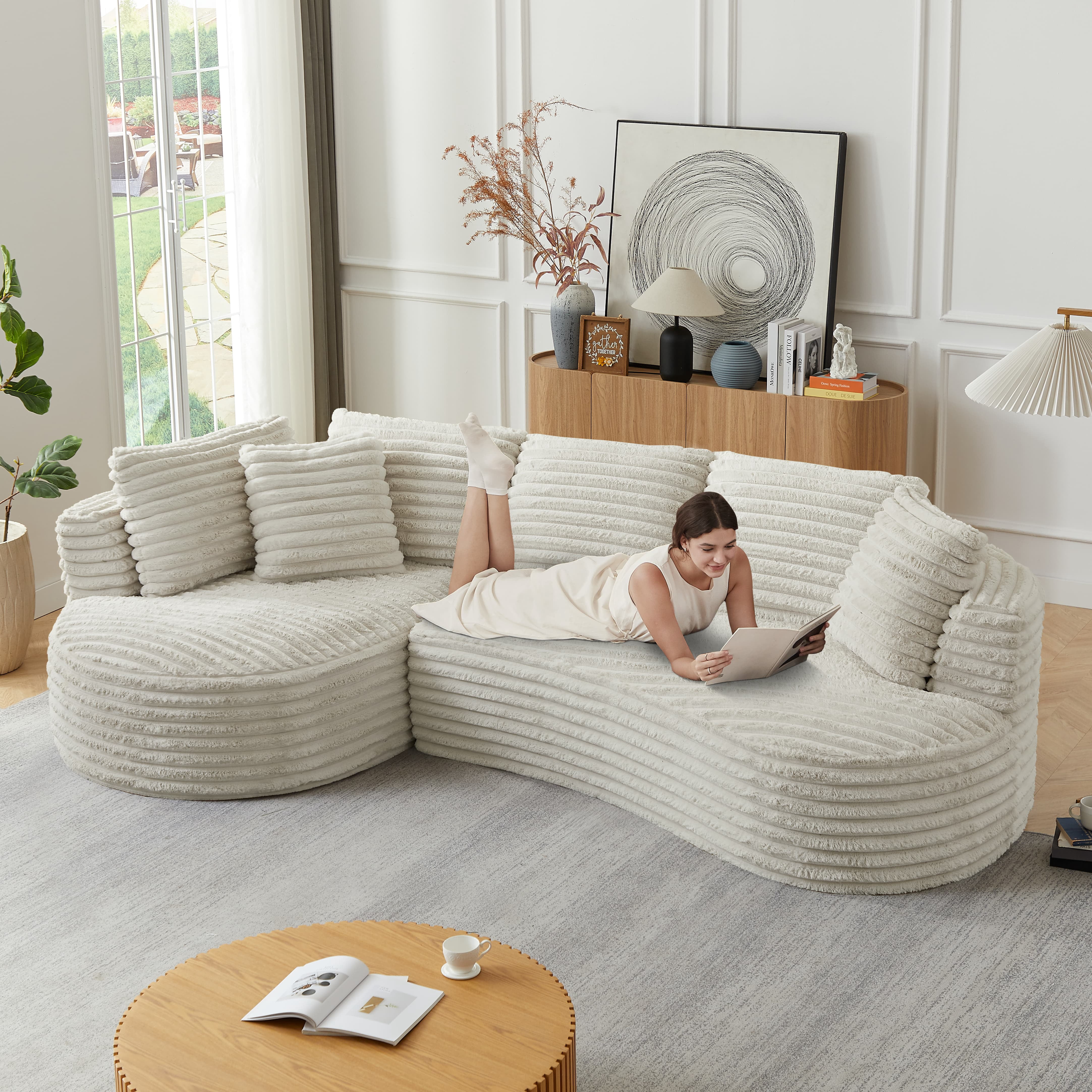 MAYEERTY Corduroy Curved L-Shape Oversized Sectional Sofa, Minimalist Luxury Sleeper Couch for Apartments, 121"W x 66"D x 35"H