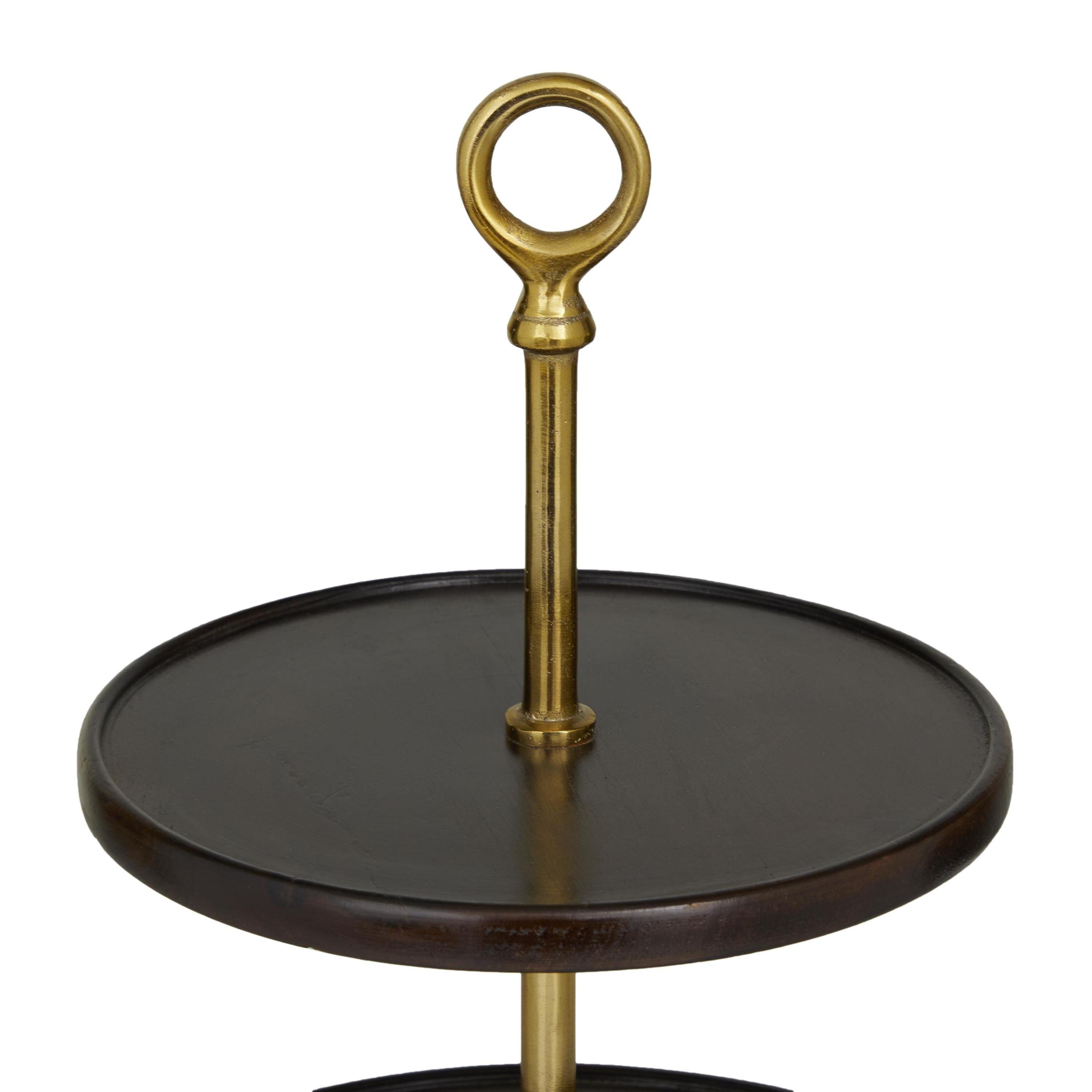 DecMode 14" x 18" Dark Brown Mango Wood 2 Tiered Server with Gold Stand, 1-Piece