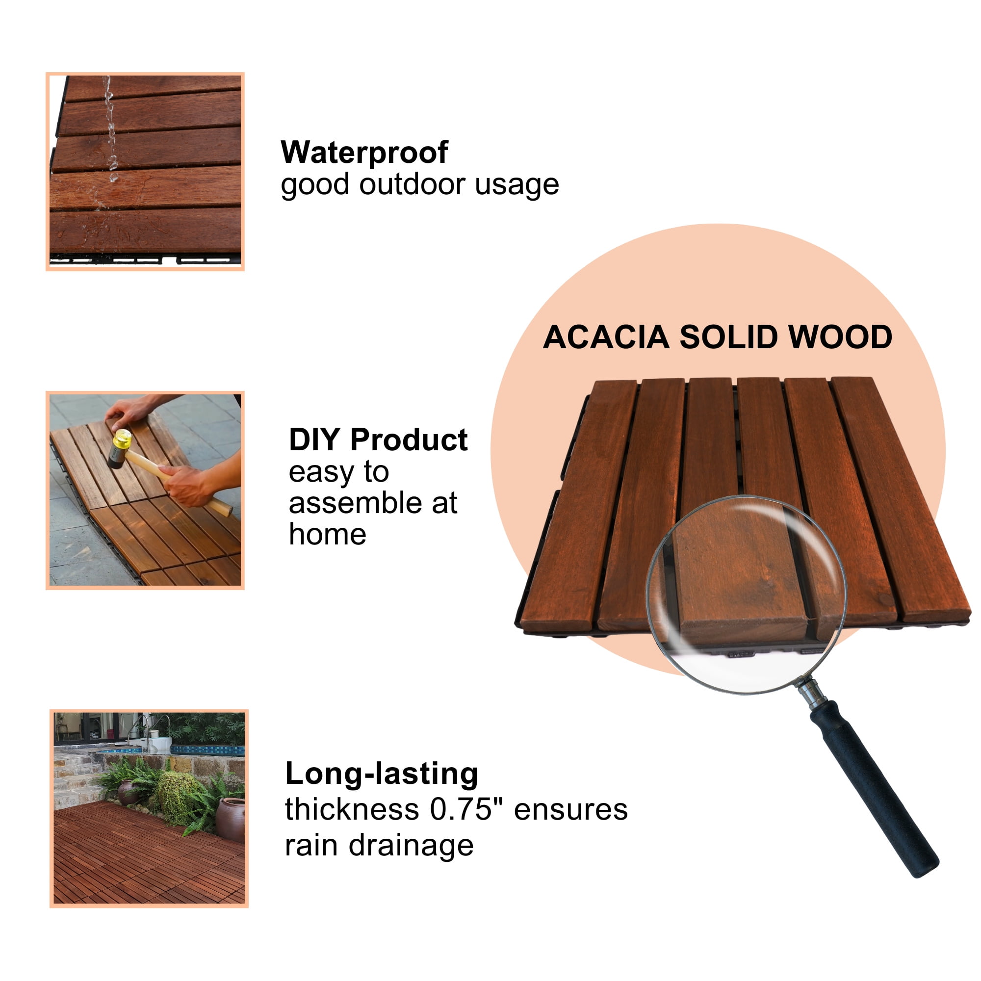 Miniyam 10 Pcs Interlocking Deck Tiles,  12x12 inch, Acacia Solid Wood, for Outdoor Balcony Garden, Brown