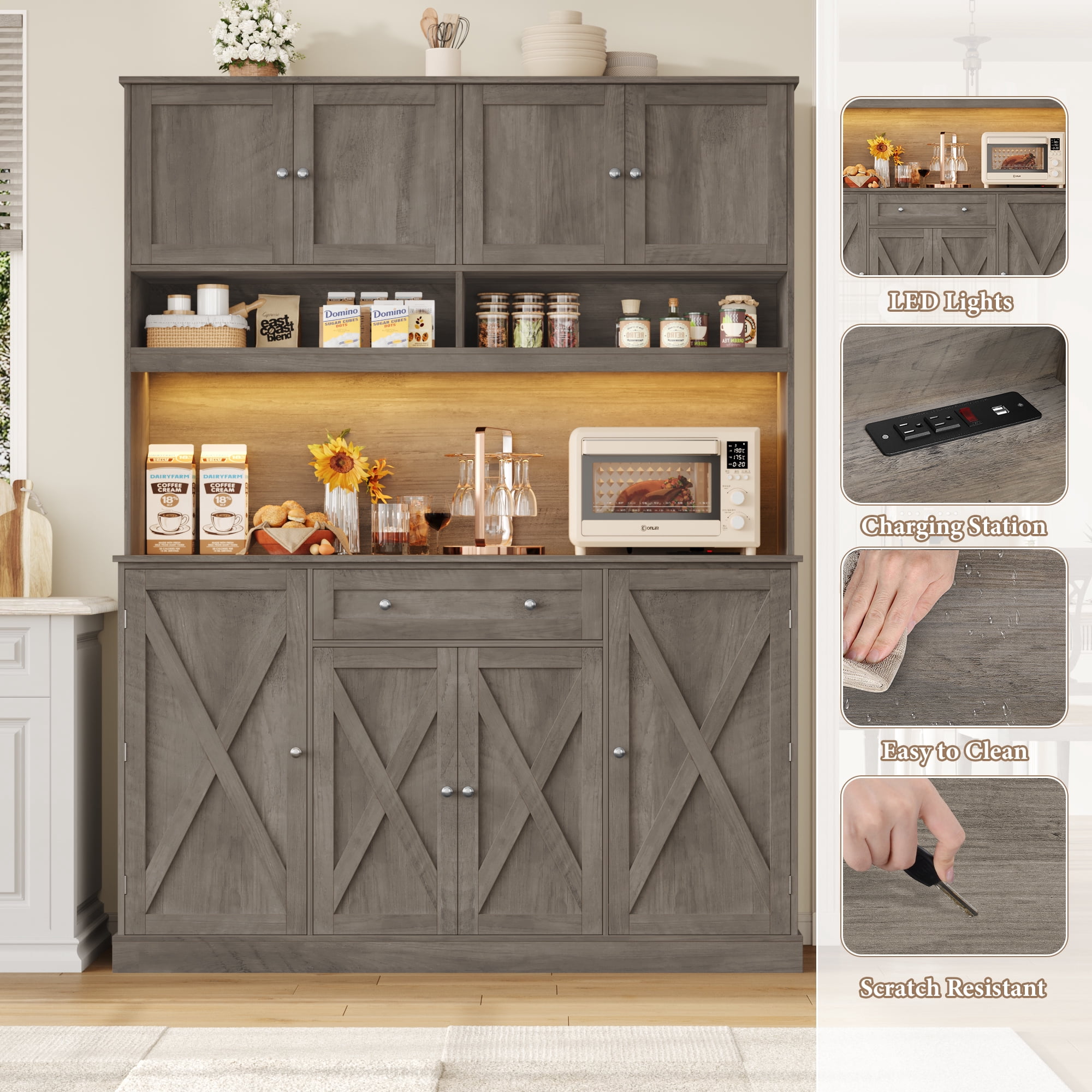 Homfa 72.8'' Tall Kitchen Pantry Cabinet with LED Lights & Charging Station, 8 Doors Storage Cabinet with Drawers & Shelves & Countertop, Kitchen Hutch with Adjustable Shelves for Dining Room, Gray
