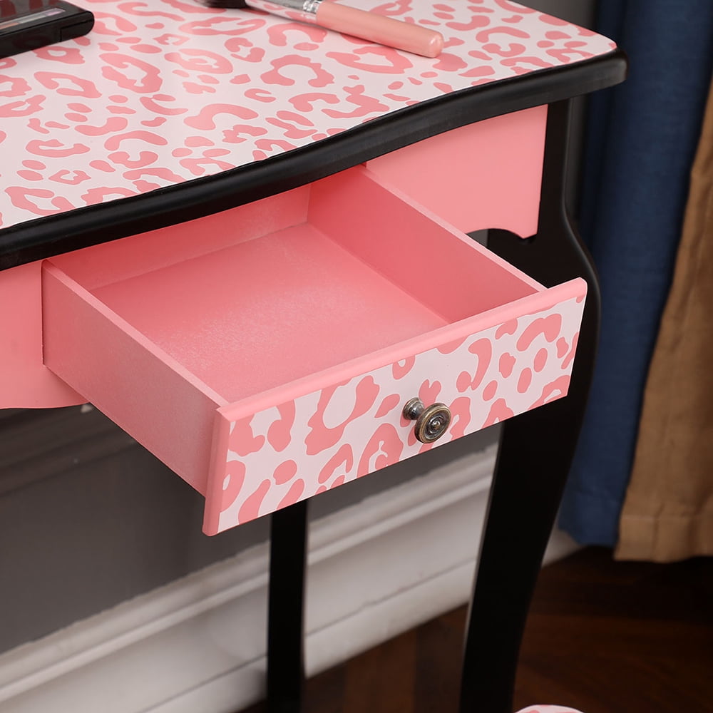 Children Dresser Three-Fold Mirror Single Drawer Arc Feet Red Leopard Print