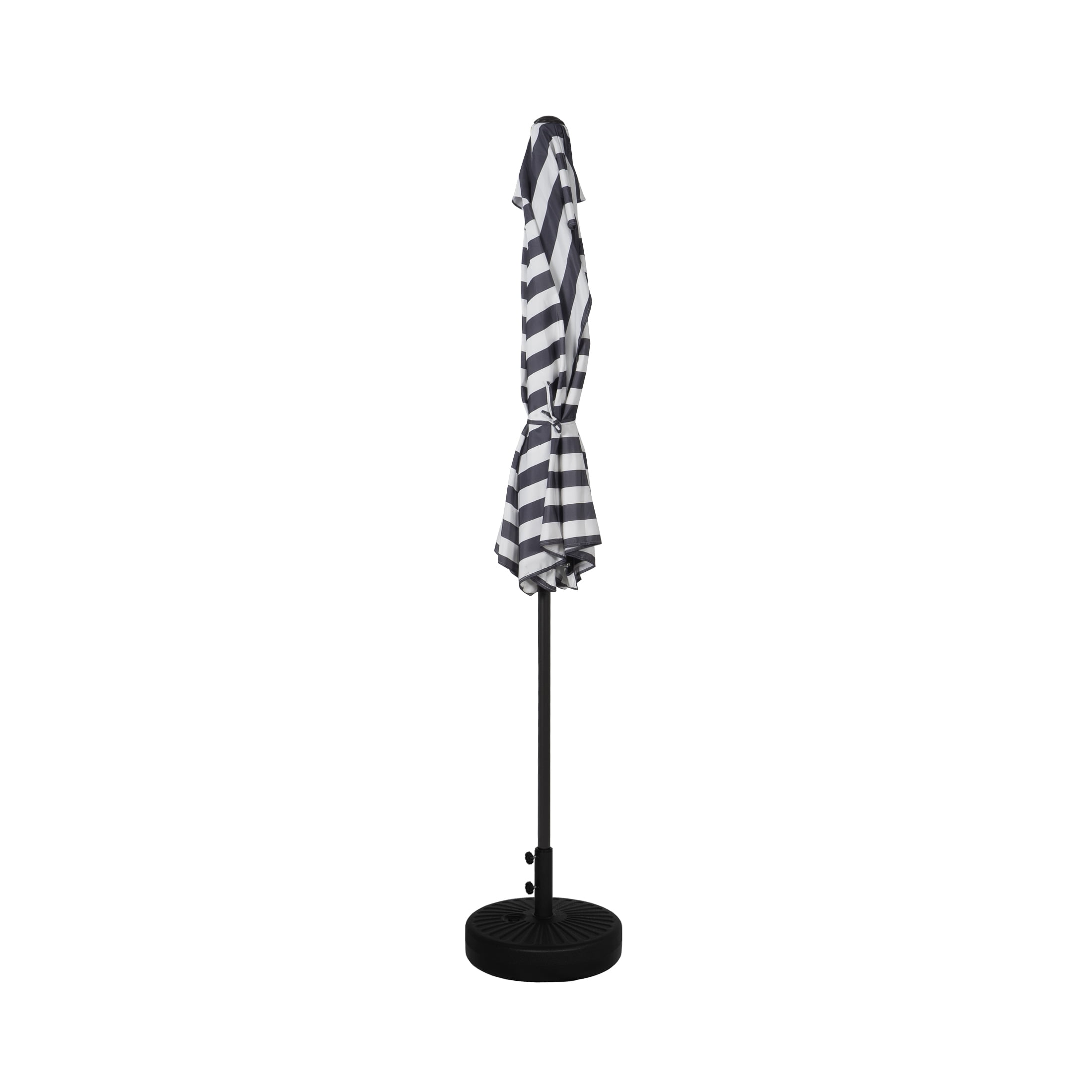 9 ft Half Market Umbella with Black Round Free Standing Plastic Base, Black/White Stripe