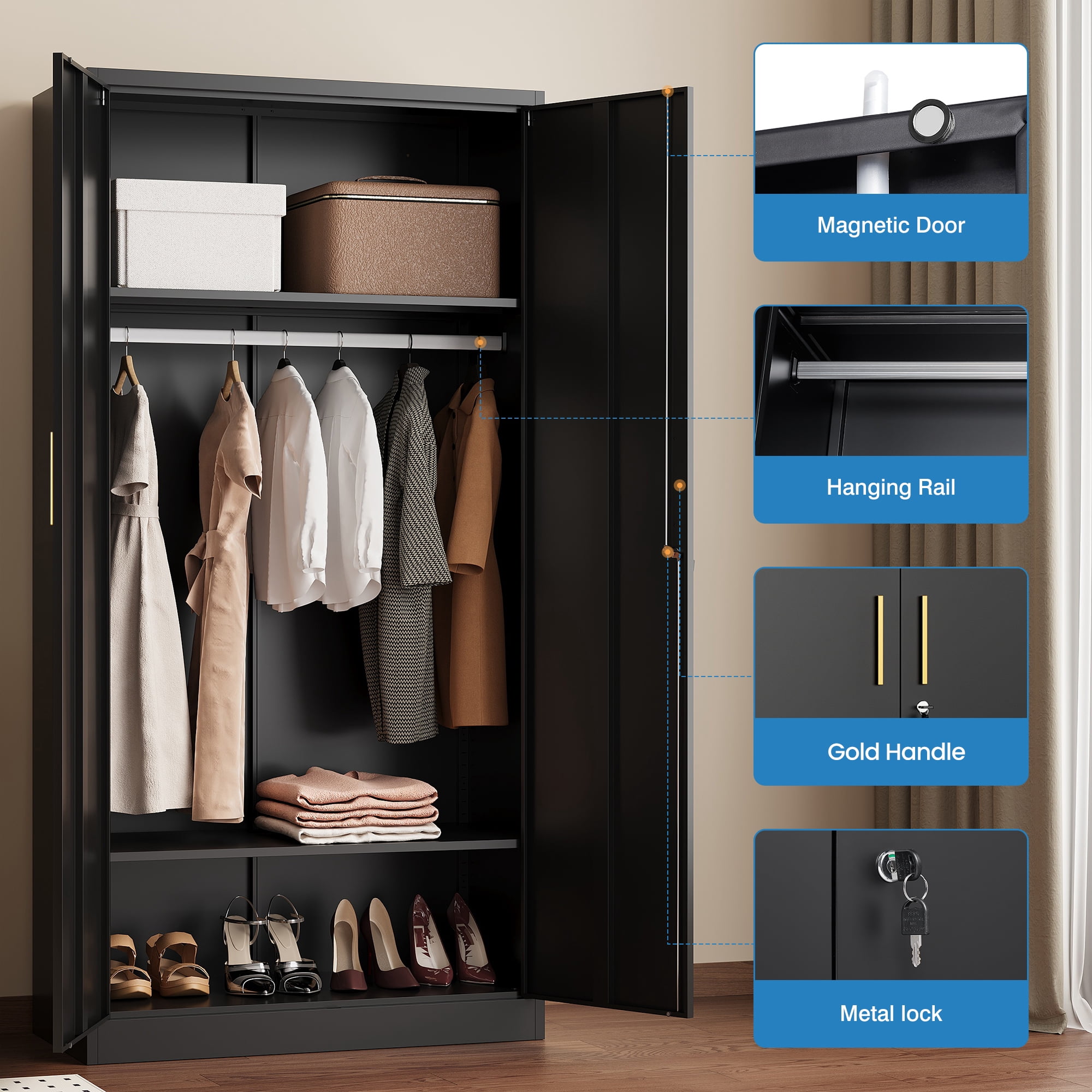 Fesbos Metal Wardrobe Cabinets with Lock, Clothing Locker 72" X 36" X 18" Storage Cabinets for Home Room,Fire Department, Employee,Gym,Government (Black)