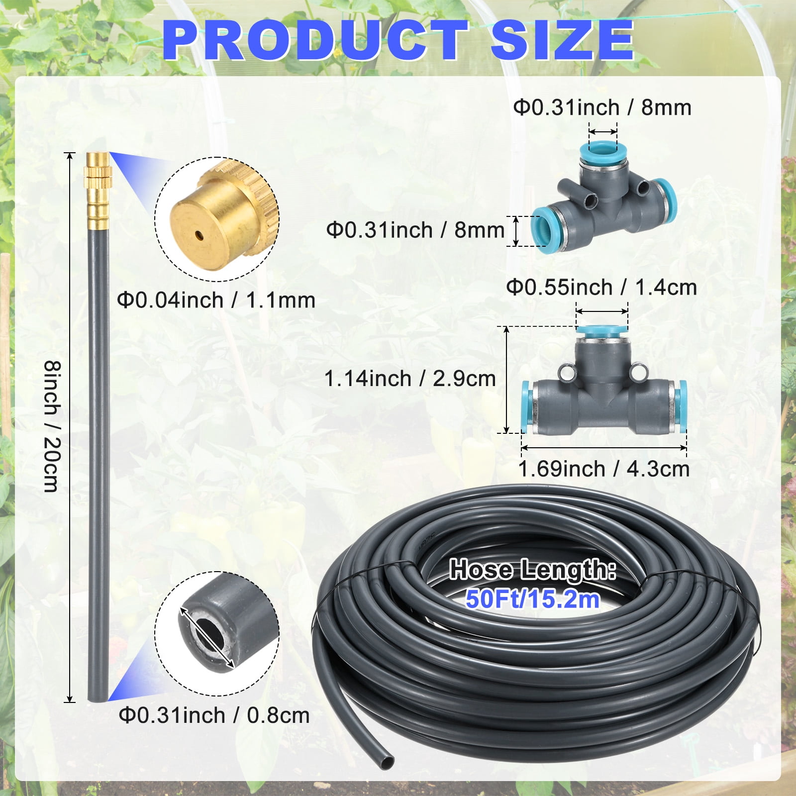 Uxcell 1-Set Drip Irrigation Systems, 50Ft 5/16" Hoses Garden Watering Misting System with 16pcs 360° Adjustable Copper Nozzle