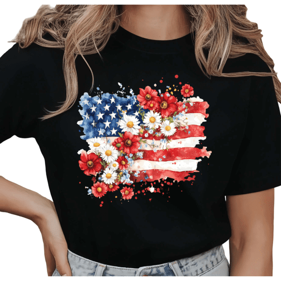 UNISHE Women's Watercolor Floral American Flag Daisy Graphic Short Sleeve T-Shirt Comfortable Crewneck Top