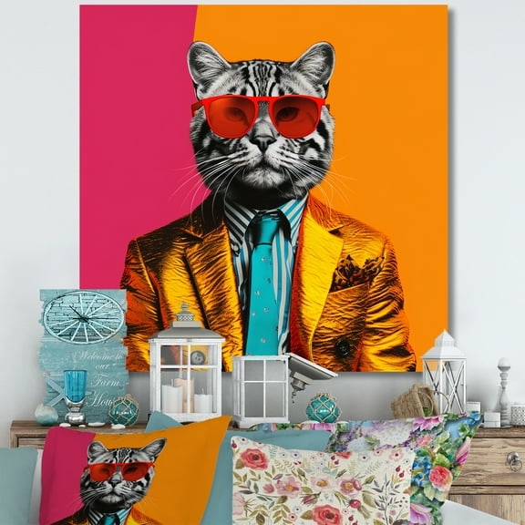 Designart "Pop Art Cat in a Suit I" Animals Wall Art - Modern Pink Cat Hallway Wall Art Decor