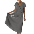 thumbnail image 2 of Gamivast Dresses for Women Linen Wrap V Neck Short Sleeve Midi Dress Tie Waist Flowy Sundress Casual Dress Beach Dress Vacation Dress Summer Gray XXL, 2 of 7