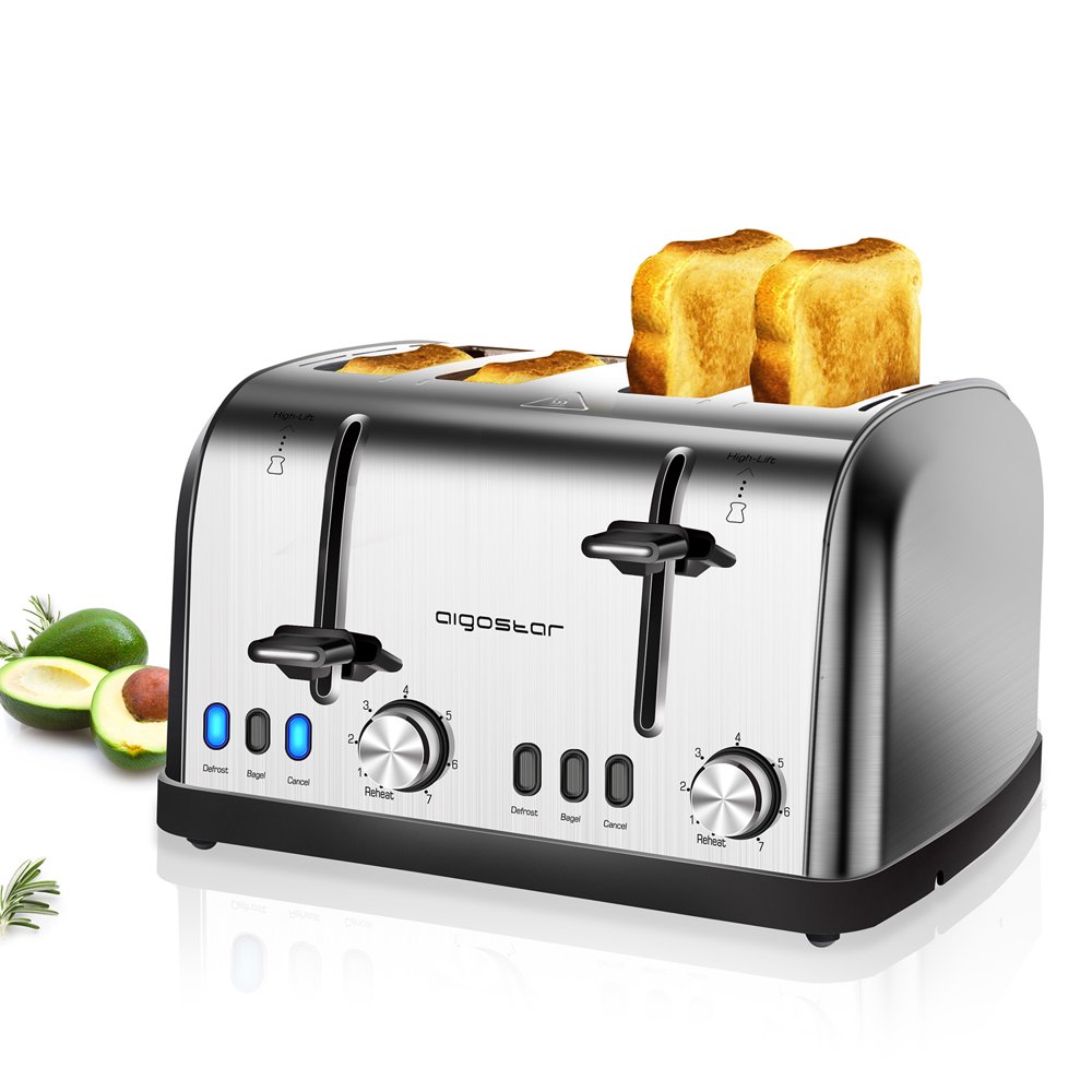 Aigostar 4 Slice Toaster Stainless Steel, 1.6in Extra Wide Slot Toaster