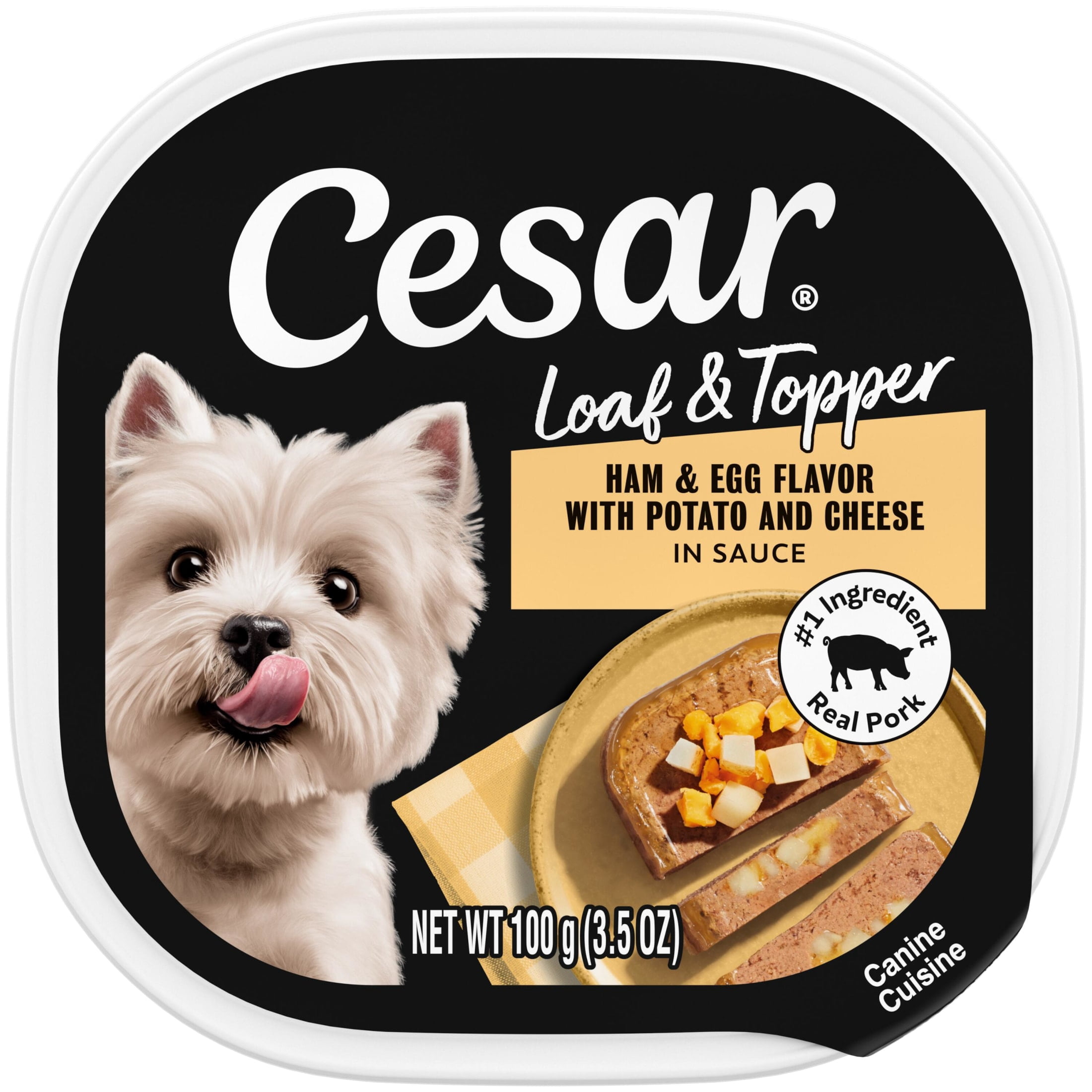 (24 pack) Cesar Loaf & Topper In Sauce Ham & Egg Flavor With Potato & Cheese Wet Dog Food, 3.5 Oz Tray