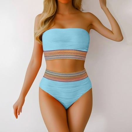 Rigardu Hot Sale!! High Waisted Bikini for Women Tummy Control Bottoms Push Up Crop Top Swimsuit 2 Piece Color Block Strapless Bathing Suits Ribbed Longline Full Coverage Swimwear Light Blue S
