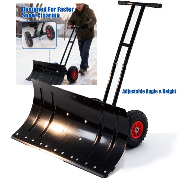 Elleree 30" Heavy Duty Snow Pusher Shovel with Wheels for Driveway Sidewalk & Pavement Snow Removal Tool,With Angled Blade & Adjustable Handle