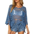 thumbnail image 2 of Crochet Tops for Women Summer Lightweight Hollow Out Beach Cover Up Solid Color Swimsuit Coverup 3/4 Sleeve Boho Fringe Trim Vacation Sun Shirts, 2 of 6
