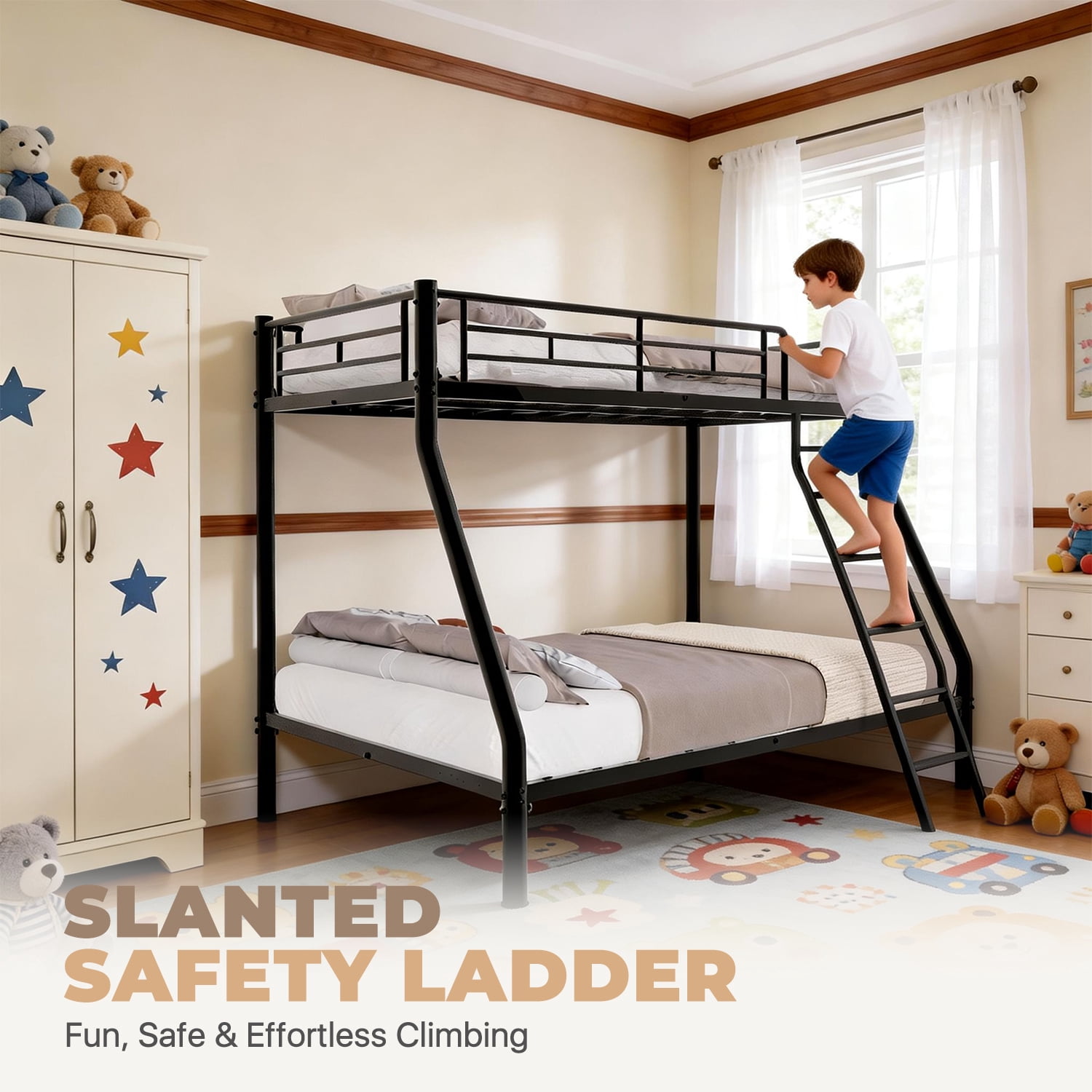 BaPiPro Metal Bunk Bed Twin Over Full Size with Removable Stairs, Heavy Duty Metal Frame with 12" Under-Bed Storage for Teens & Adults, No Box Spring Needed, Black