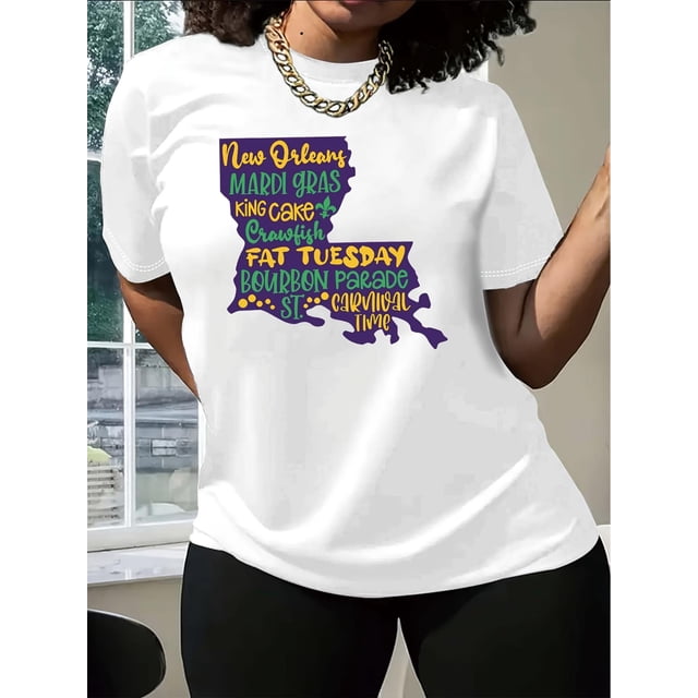 Carnival & "New Orleans Louisiana Map Tuesday" Humorous Letter Print Round Neck T-Shirt + Casual Short Sleeve Round Neck T-Shirt for All Seasons + Women'S Clothing