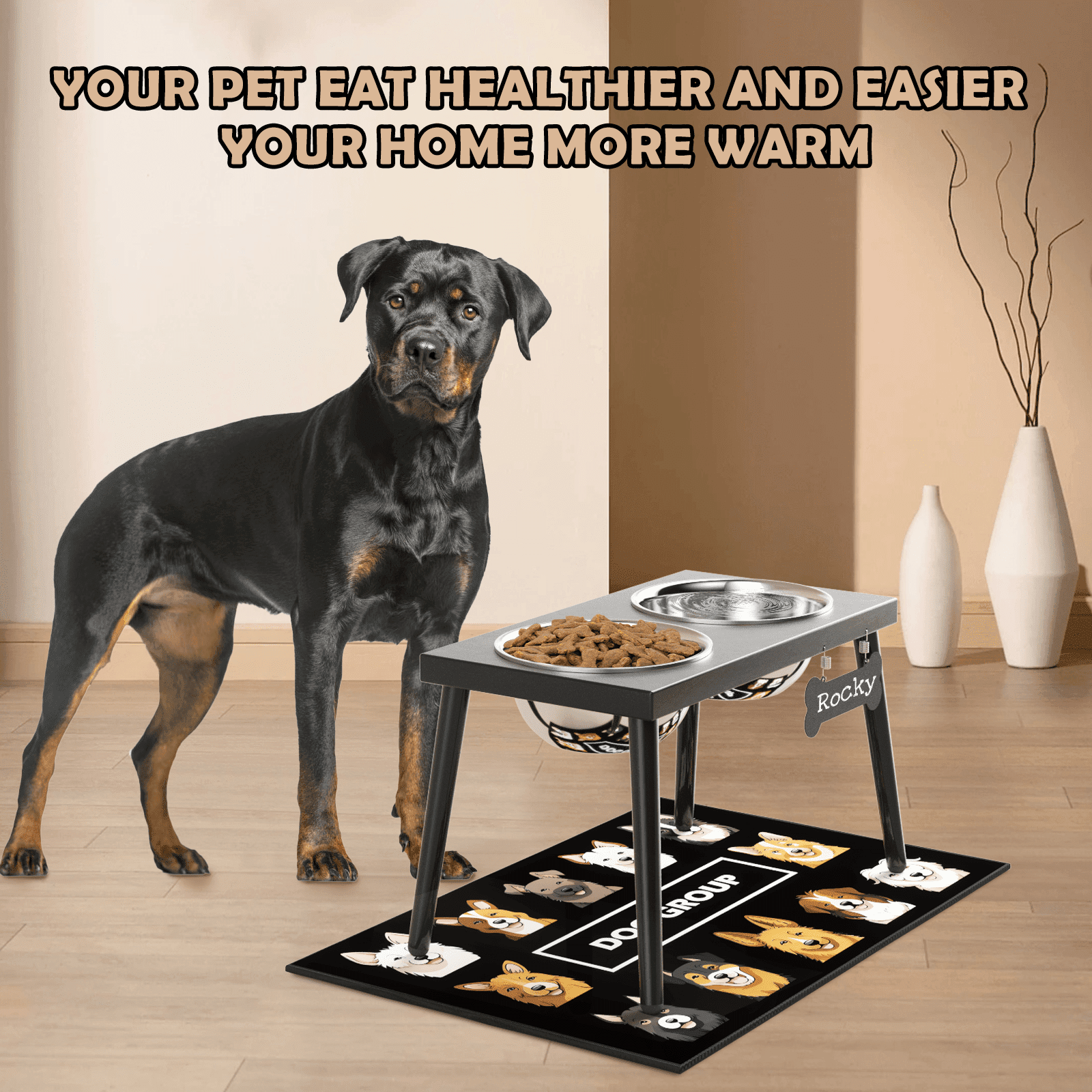 SHAINFUN Metal Raised Dog Bowl Stand for Breed, 10" Tall Dog Feeder with Sprill Proof Mat (58OZ-Stainless Steel Dog Bowls, Mat-16x24)