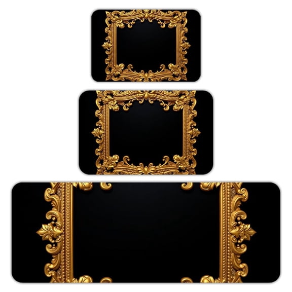 RKSupls Kitchen Rug Set 3 Piece Anti-Slip Flannel Floor Mats, Gold Ornate Frame Washable Absorbent Runner Mats for Kitchen Bathroom Home Decor