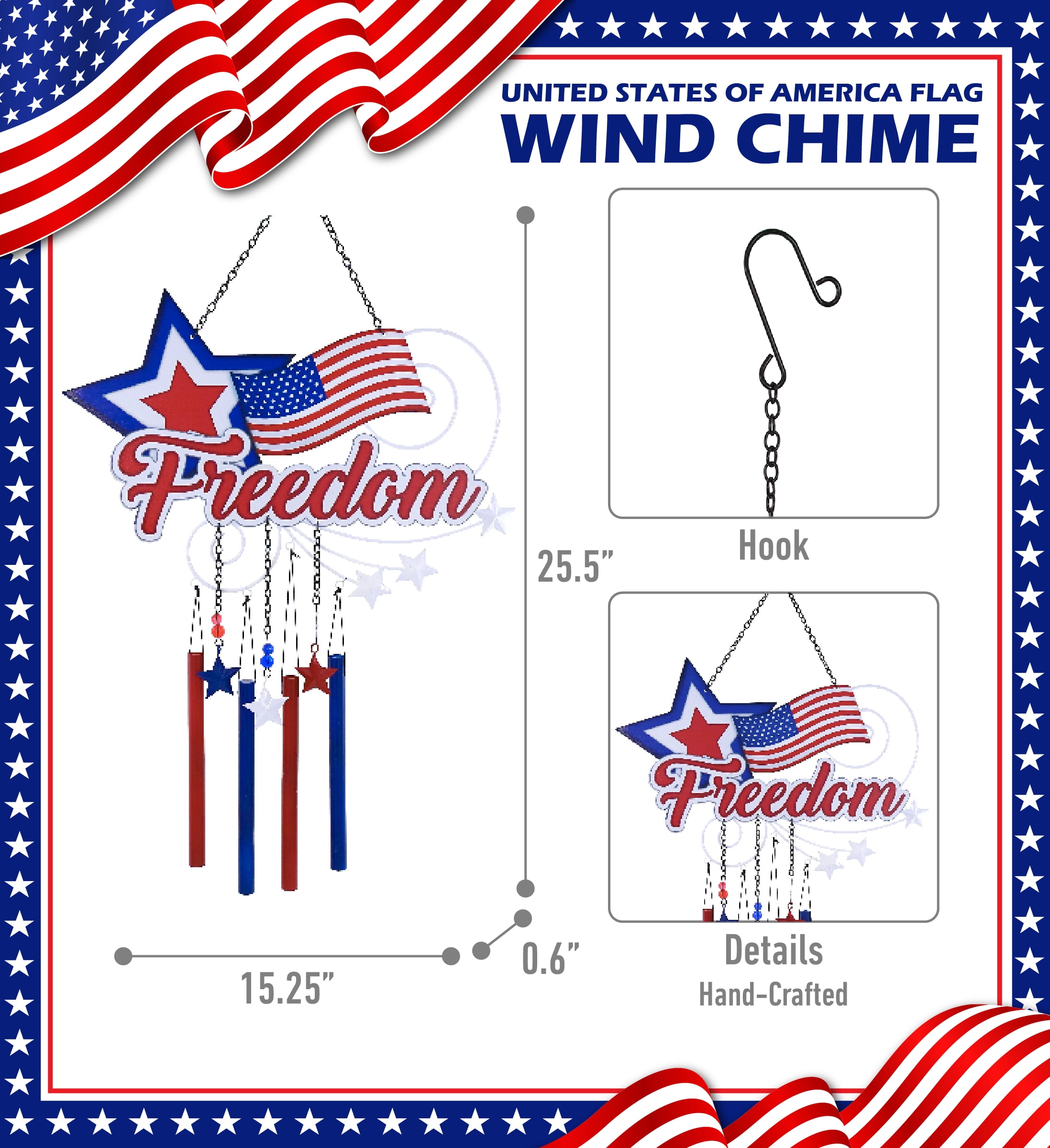 CoTa Global USA Flag Star Wind Chime - American Flag Patriotic Indoor or Outdoor Windchime Home Decor with Hanging Bells, Handcrafted Glass and Metal Wind Chimes for Yard, Garden, Porch - 25.5 Inches