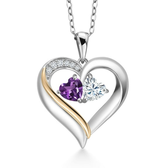 Gem Stone King 925 Silver and 10K Yellow Gold Heart Shape Lab Grown Diamond Pendant Necklace for Women with Purple Amethyst and White Moissanite (0.95 Cttw, Double Heart, 18 inch Chain)