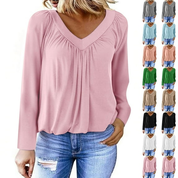 Miluxas Womens V Neck Long Sleeve Shirts Pleated Tops Fall Dressy Solid Color Casual Blouses White XL(XL)
