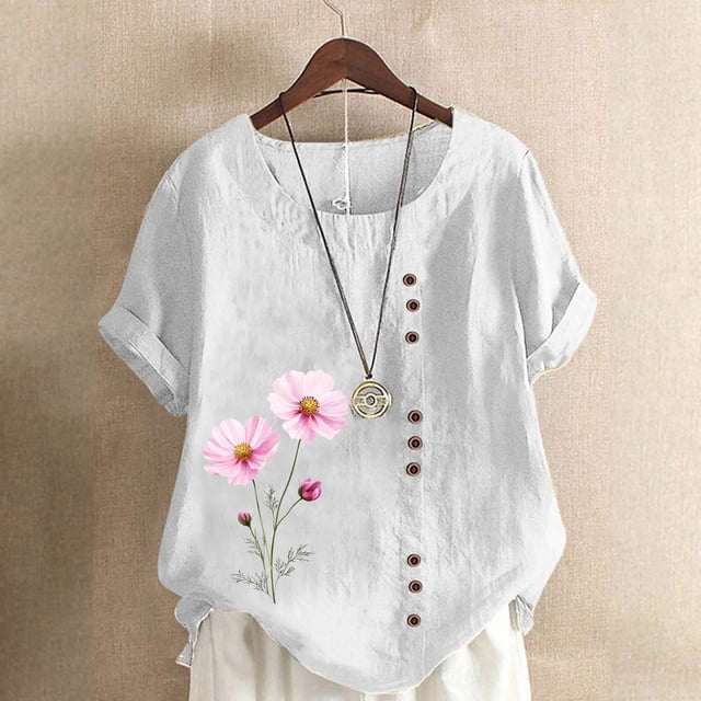 Lydiaunistar Hauts d'Été pour Femmes Blouse Décontractée en Lin à Col Rond Polyester Mode Grande Taille Manches Courtes T-shirt à Boutons