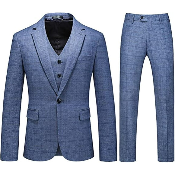 nipocaio Men's 3 Piece Suits Slim Fit Tweed Suit Plaid Slim Fit Mens Suits One Button Suit Tuxedo Set (Light Blue, M)