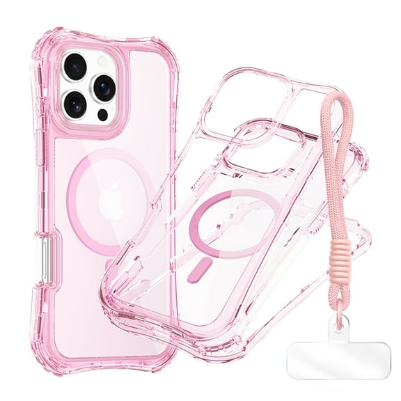 Allytechgroup Clear Rugged Case for iPhone 12 Pro / 12 6.1" with Lanyard, [Compatible with Magsafe] Not-Yellowing Shockproof PC TPU Hybrid Bumper Protective Cover for iPhone 12 Pro / 12 6.1", Pink