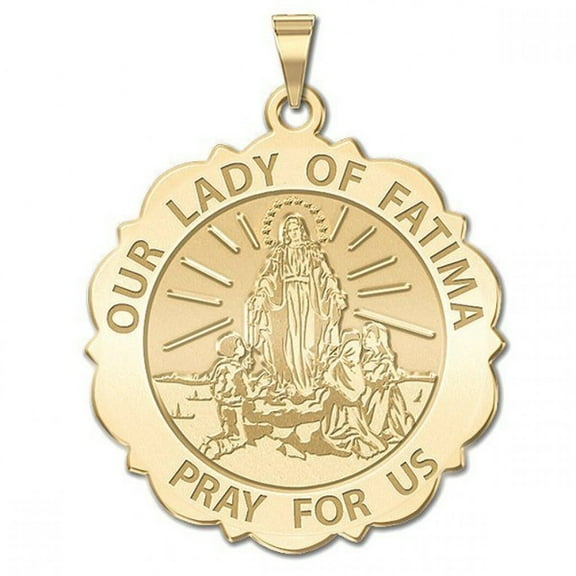 Our Lady of Fatima Scalloped Round Religious Medal - 2/3 inch Size of Dime, Solid 14K Yellow Gold