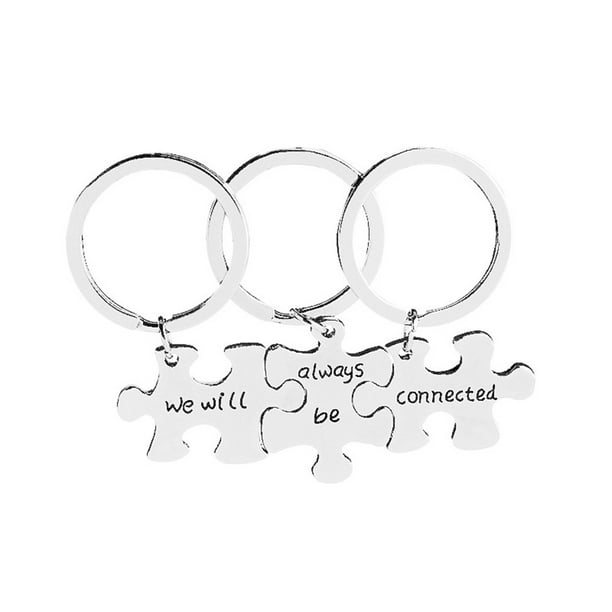 Juego de 3 llaveros con letras "Siempre estaremos conectados", rompecabezas creativo, llaveros para pareja, regalo para enamorados (plata)