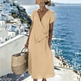 thumbnail image 3 of Pounoo Women's Dresses V Neck Short Sleeve Wrap Linen Blend Midi Dress With Waist Tie Casual Beach Wear Lightweight Breathable Loose Fit Vacation Sundresses Gift, 3 of 7