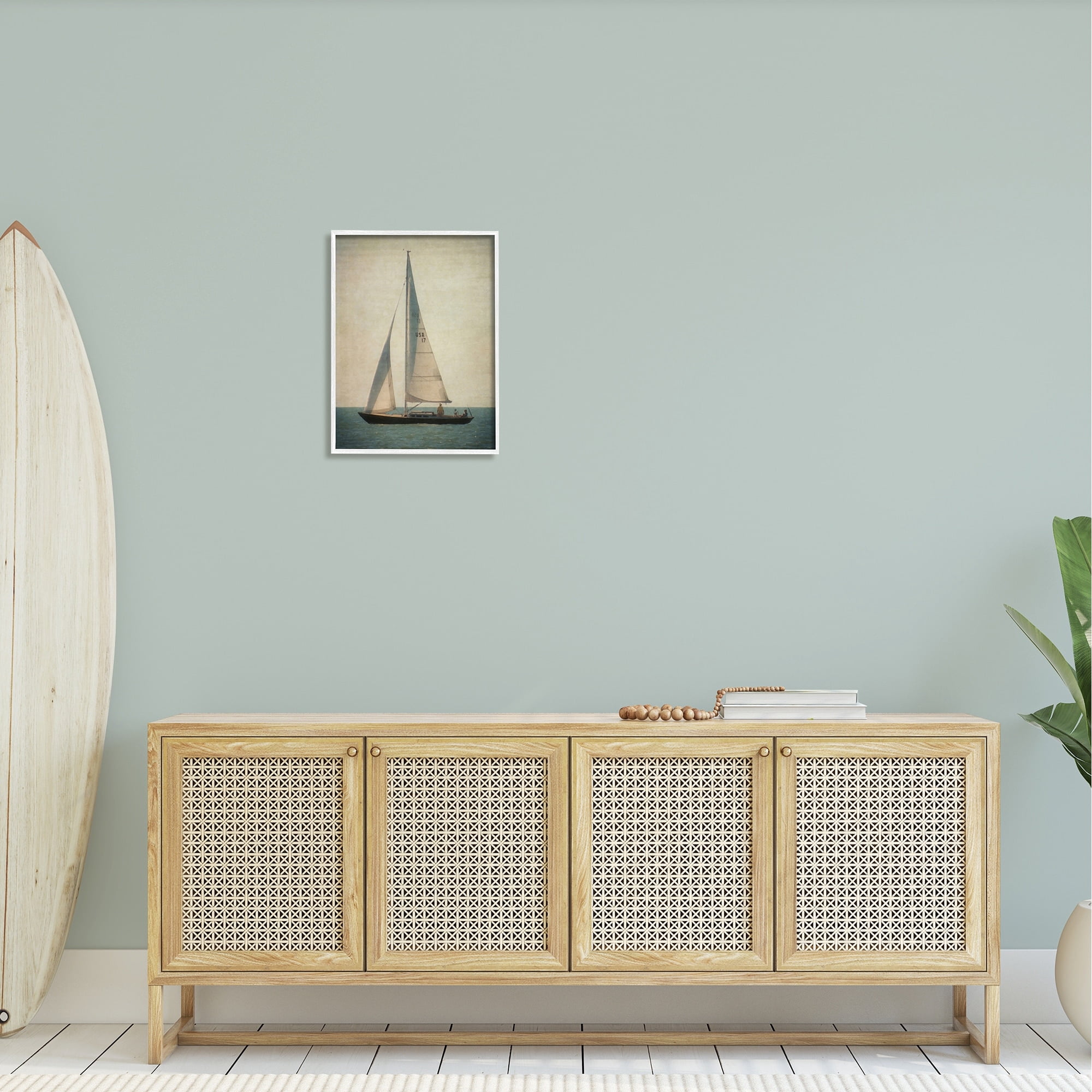 Stupell Industries Lone Sailboat People Relaxing Quiet Ocean Landscape Painting White Framed Art Print Wall Art, Design by Graffitee Studios