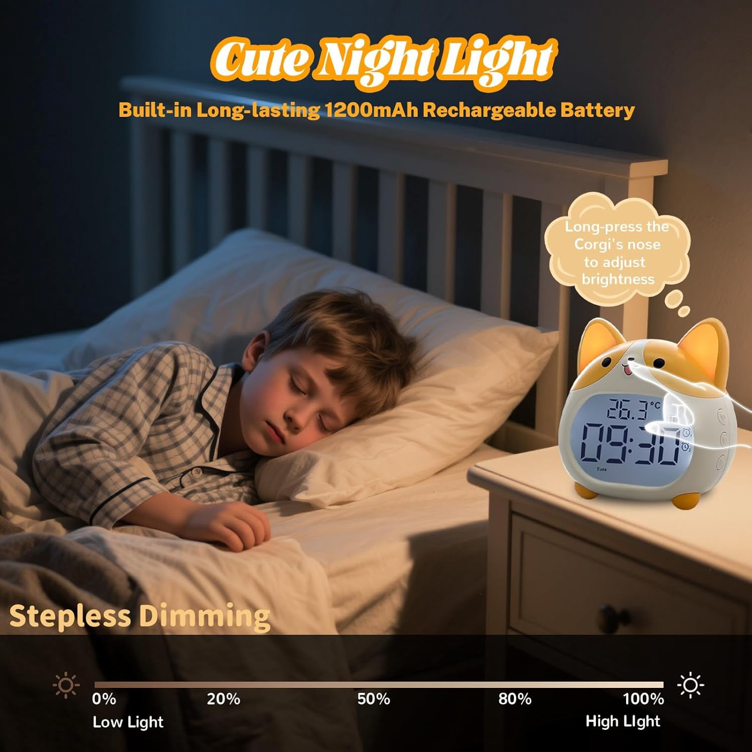Alarm Clocks for Kids, Cute Corgi Clock with Night Light, 6 Alarm Tones, Snooze, Timer, Date and Temperature Display - Rechargeable Battery Operated Digital Clocks for Bedroom Kids Room