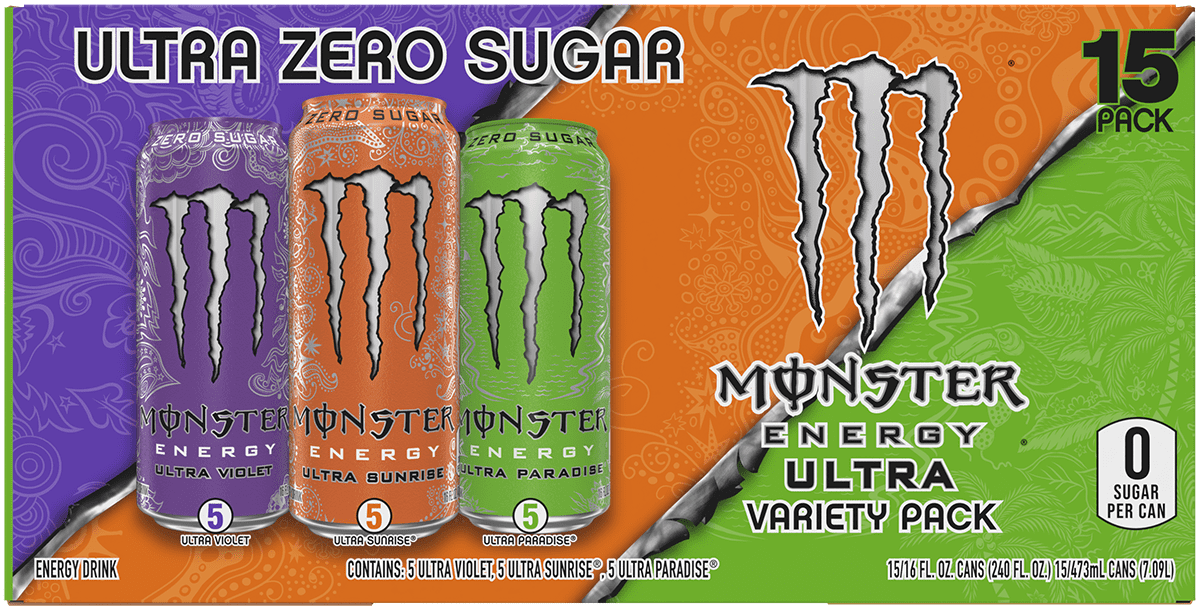 Monster Energy Ultra Variety Pack Energy Drink, Zero Sugar, 15-Pack, 16 Oz Cans