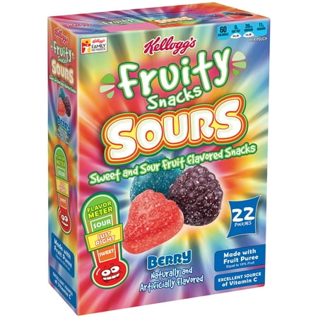 (2 Pack) Kellogg's Sours Berry Fruity Snacks, 0.72 oz, 22
