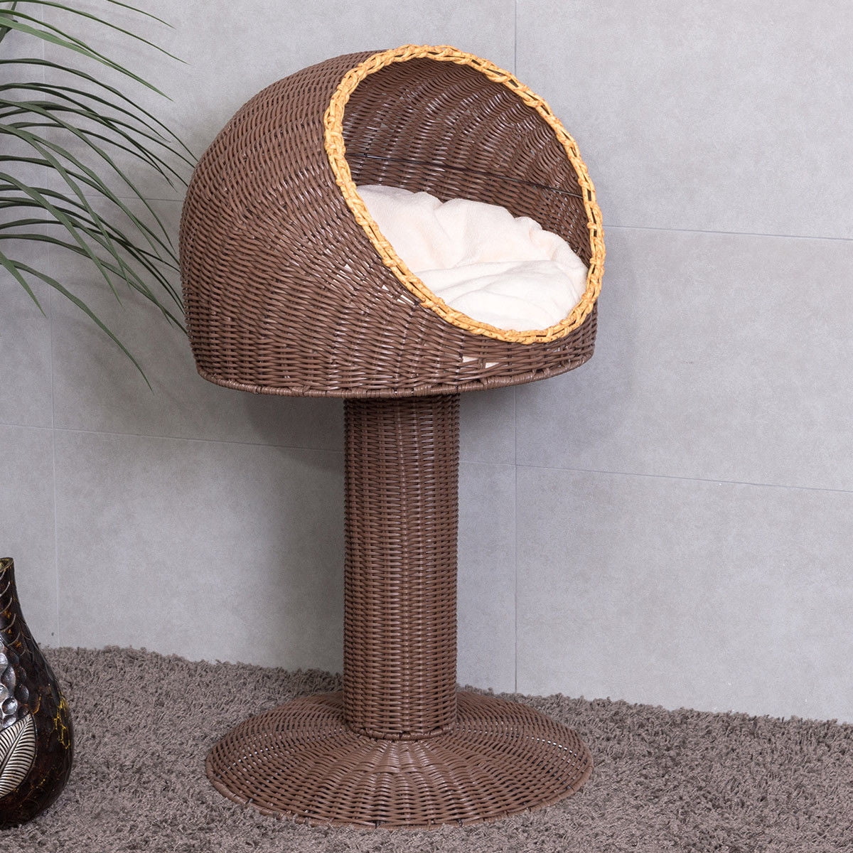 Gymax 17'' Cat Bed Home Ball Hooded Rattan Wicker Elevated Cat Kitten