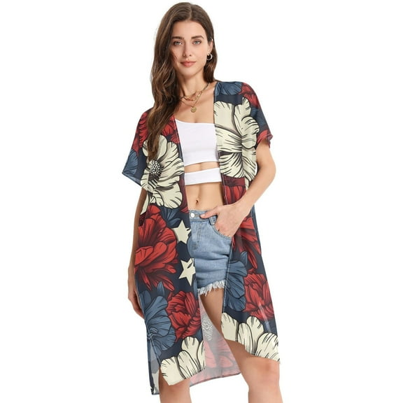 Beach Vacation Clothes Kimono Cardigan Loose Swimsuit Cover Up for Women Usa Flag Patriotic Floral S