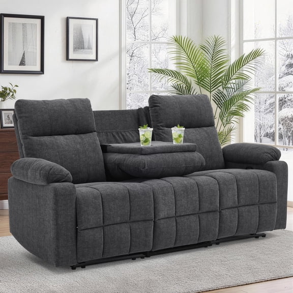 Korser 3-Seater Manual Recliner Sofa with Cup Holders and Recessed Power Strip,Reclining Couch with Pull-Down Table Reclining Sofa Chair for Living Room,Grey