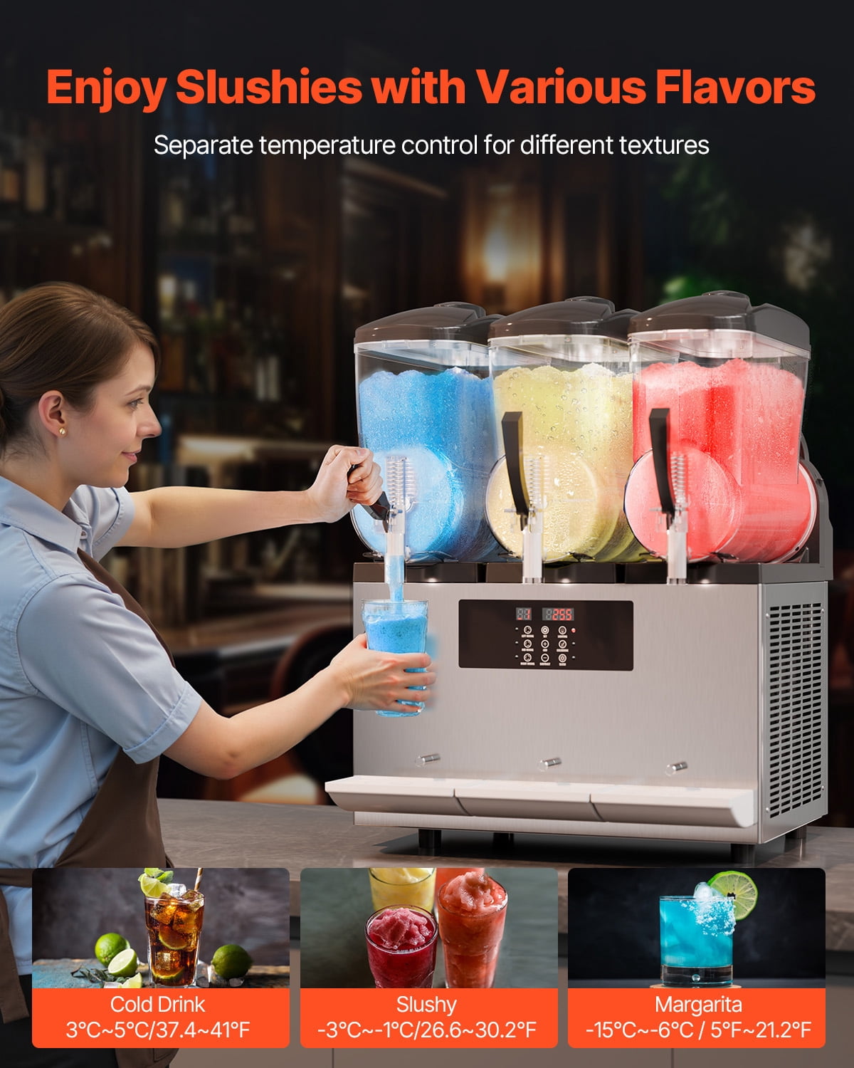 KFFKFF Commercial Slushy Machine, Frozen Drink Maker, Stainless Steel PC PP, 24.4×21.85×31.88 in