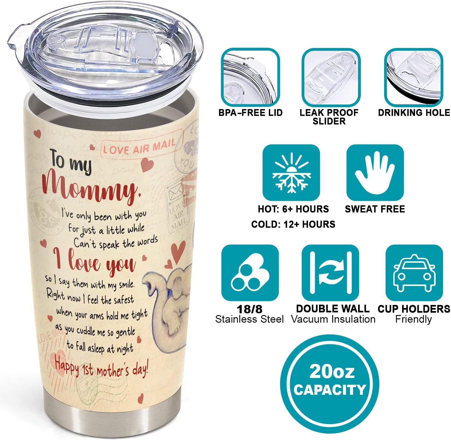 First Mothers Day Gifts For New Mom Daughter From Sister Baby Son - 1st Mothers Day Coffee Mug - Elephant 20oz Double Wall Vacuum Insulated Tumbler With Lid for Woman
