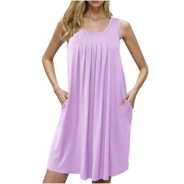 yoeyez Robes d'Été Grande Taille pour Femmes Col Rond Plissées Robes Débardeur Pliantes avec Poches Sans Manches Couleur Unie Robe de Nuit Douce en Coton Violet,G