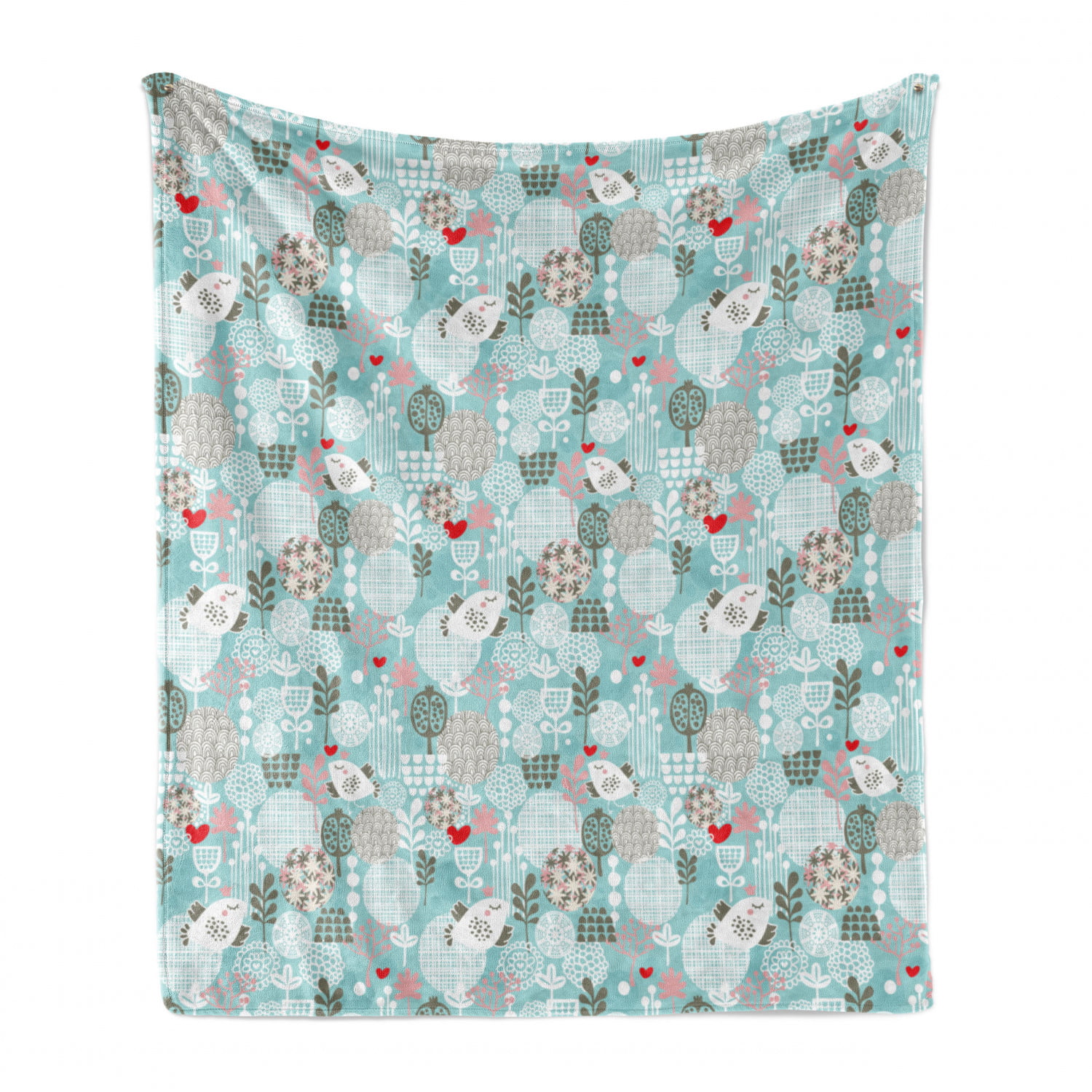 Cozy Plush for Indoor and Outdoor Use Teal White Red Ambesonne Floral Soft Flannel Fleece Throw Blanket Pattern with Birds Hearts Trees and Flowers Summertime Garden Joyful Fun Cartoon 50 x 60 