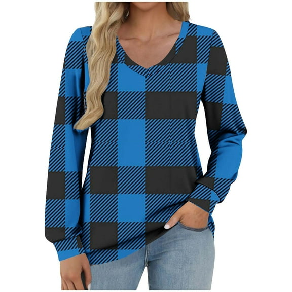 ZUKMRJPC Womens Long Sleeve Shirts Vintage Plaid Casual V Neck Lightweight Pullover Tops Fall Fashion Loose Basic Cotton Tees