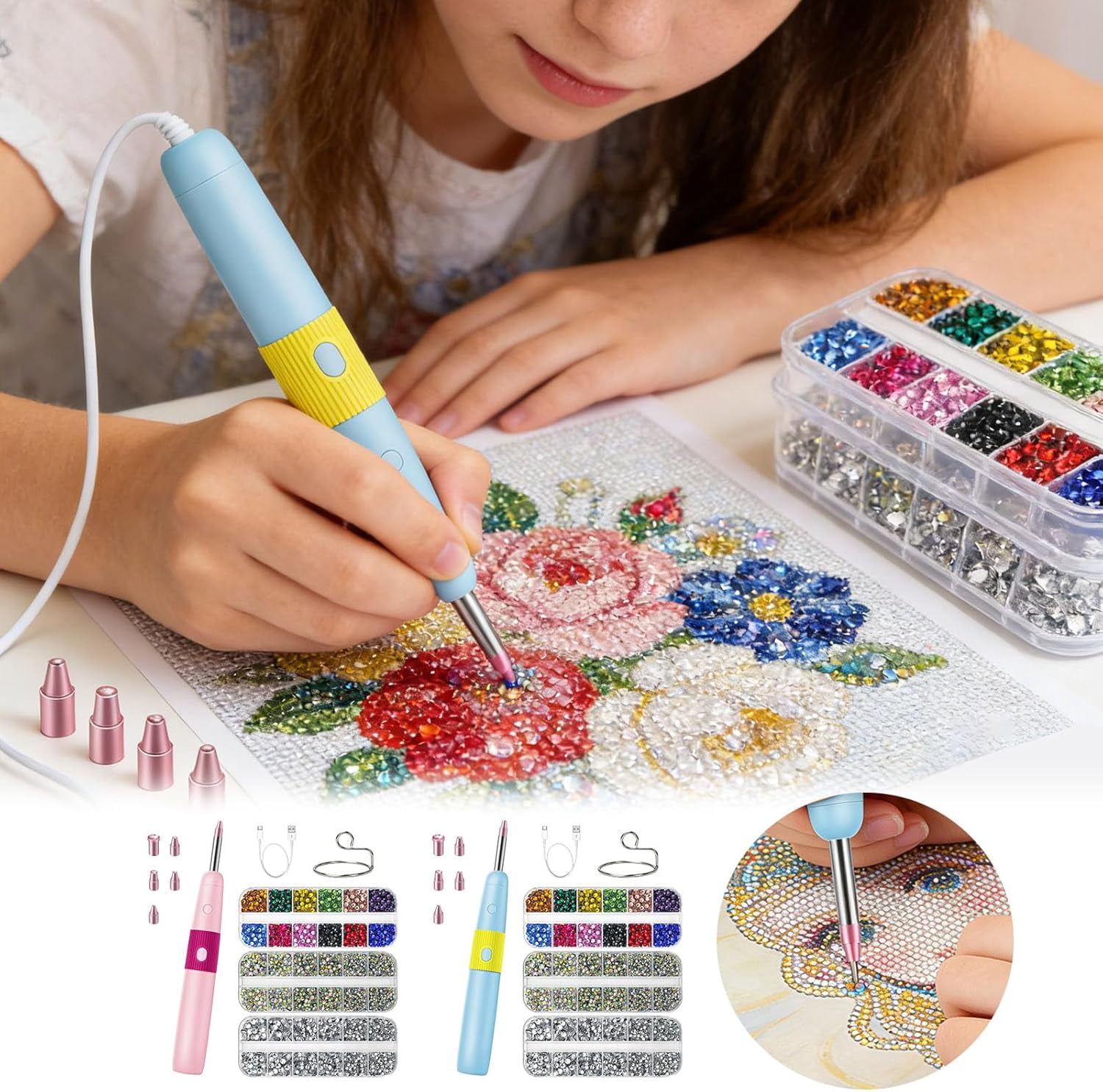 Rhinestones Applicator , 5 Tips and 3024 Pcs Rhinestones, Bedazzler Kit with Vacuum Pick Up Function, Cordless Adjustable Heat Hot Fix Wand for Clothes, Fabric and DIY Crafts (Blue)(Q)