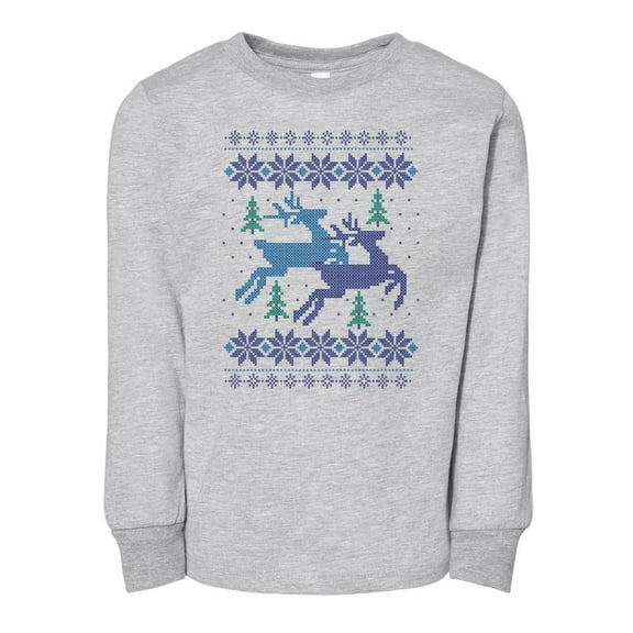TeesAndTankYou Reindeer Cross Stitch Christmas Toddler Kids Long Sleeve T-Shirt 2T Heather Grey