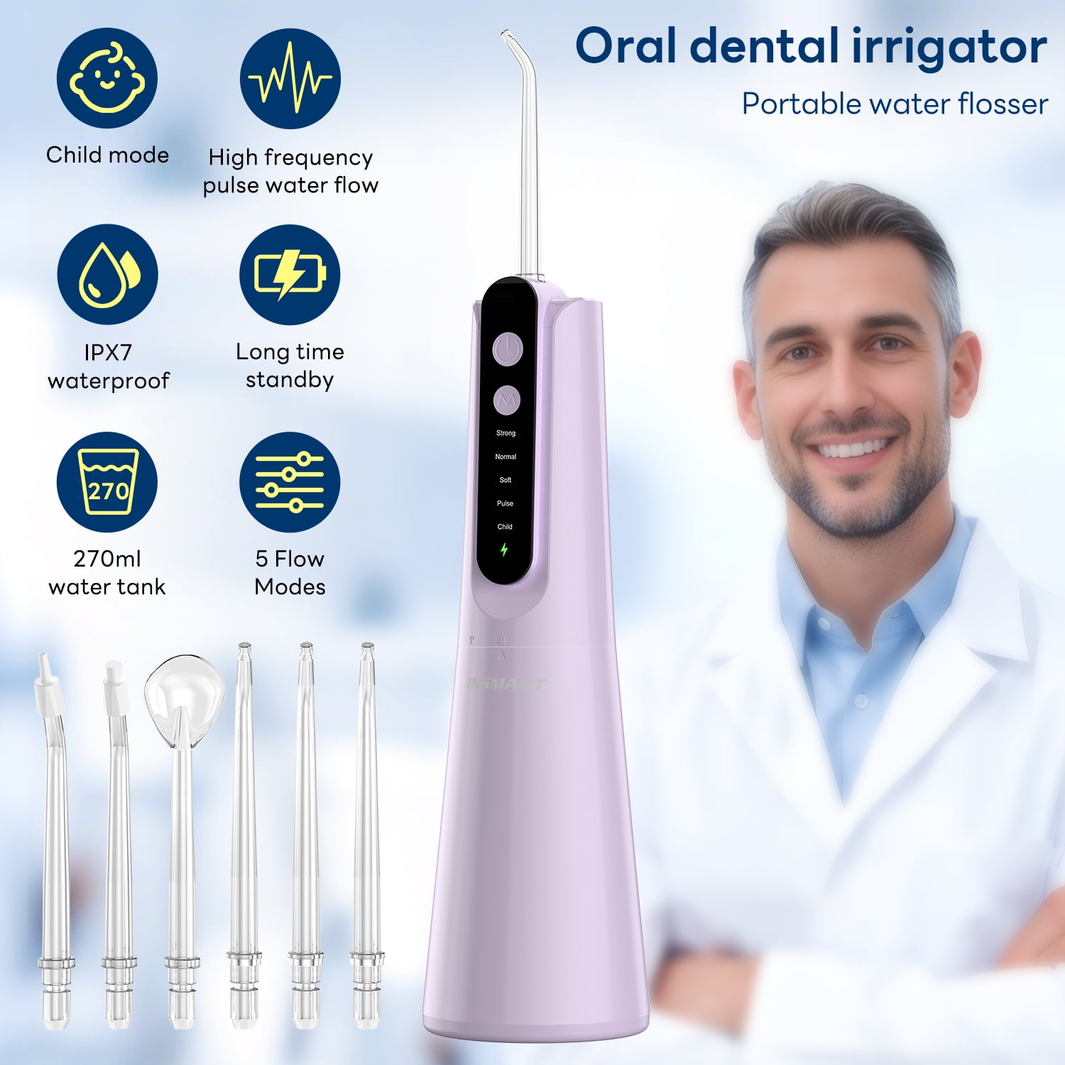 INSMART 270ML Cordless Water Flosser Dental Teeth Cleaner，Portable Oral Irrigator, Electric Flossing Cleaner(5 Mode& 7 Jet）