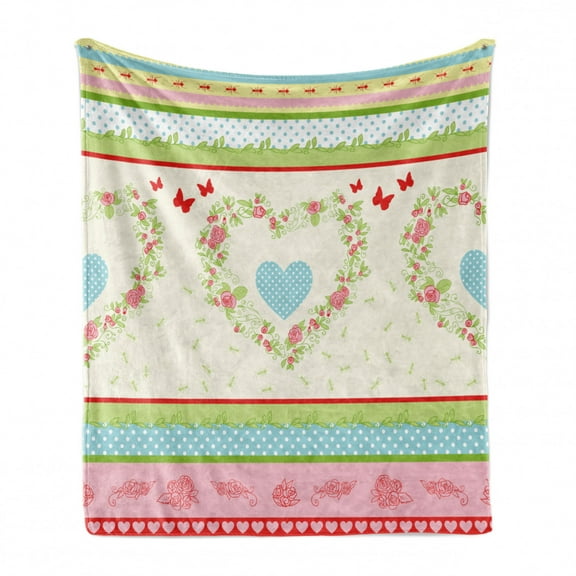 Shabby Flora Soft Flannel Fleece Blanket, Country Style Roses and Borders Butterflies Ants Heart Shapes and Polka Dots, Cozy Plush for Indoor and Outdoor Use, 70" x 90", Multicolor, by Ambesonne