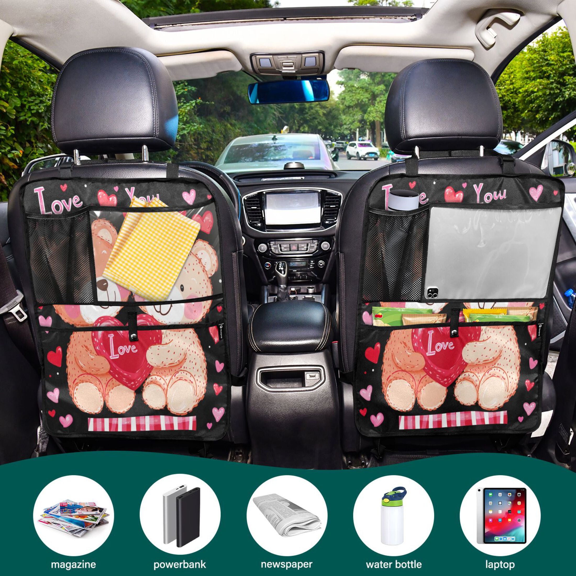 WOBOGO Cute Teddy Near Couple Pattern Backseat Car Organizer 2 PCS Footed Universal Car with Touch Screen Tablet Holder Rear Seat Protector