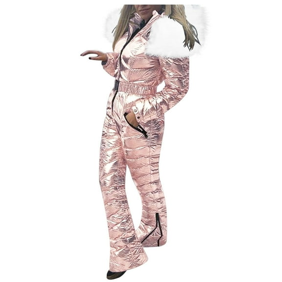 ZHOUCHANKIDS Women Ski Suit Jumpsuit, Winter Onesies Outdoor Sports Waterproof Snowsuit One Piece with Hood Pink XL
