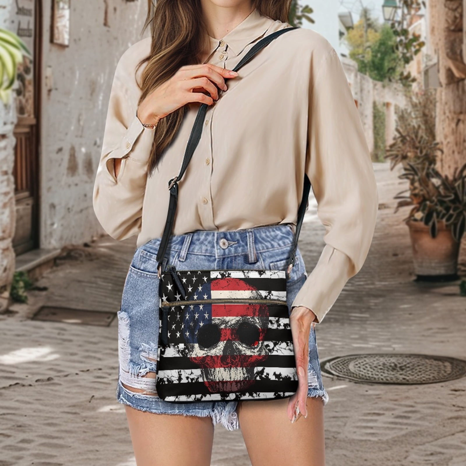 LedBack American Flag Skull Women Crossbody Satchel Handbag Leather Shoulder Bag with Adjustable Strap, Medium Size Messenger Purse Hobo Purse for Shopping Work, Blue